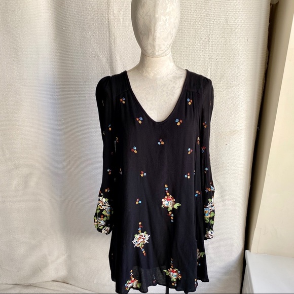 Free People M Long Sleeve Embroidered Dress Black - Picture 4 of 8